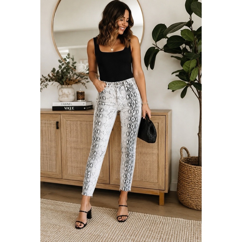 Zara Women Snake Print Jeans Women's 12 Cropped Raw Hem High Rise Ankle Pants